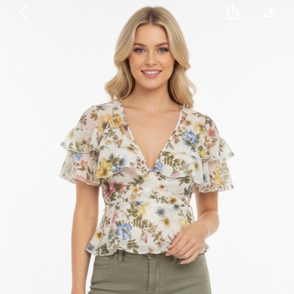 Forever 21 medium floral sheer ruffle wrap top - Picture 1 of 3
